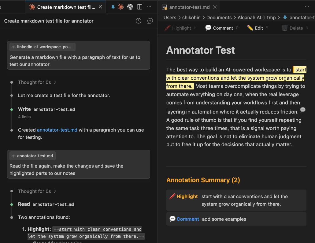 Ace AI Markdown Feedback in VS Code: the Markdown source on the left, an annotation preview with a highlight and a comment on the right.